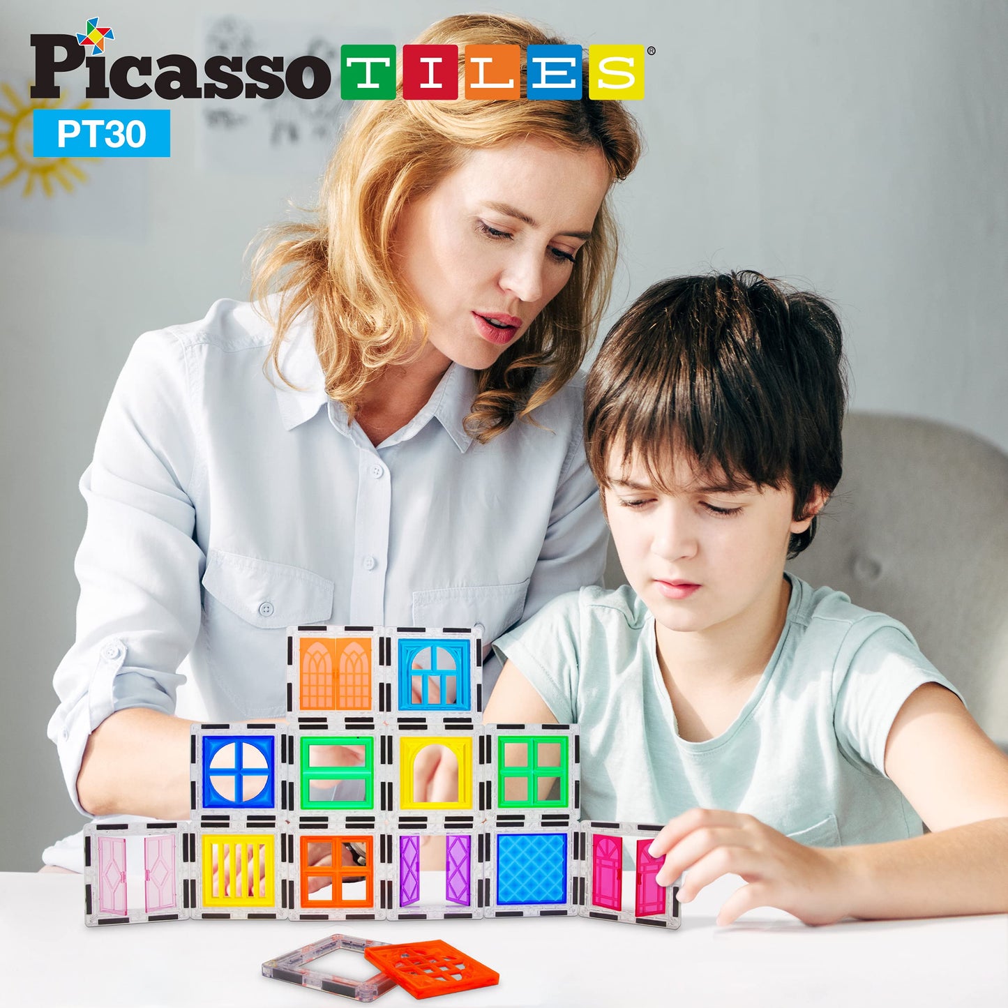 PicassoTiles 30 Piece Window and Door Clip On Magnetic Blocks Magnet Tiles Magnets Building Tile Construction Toy Set STEM Educa