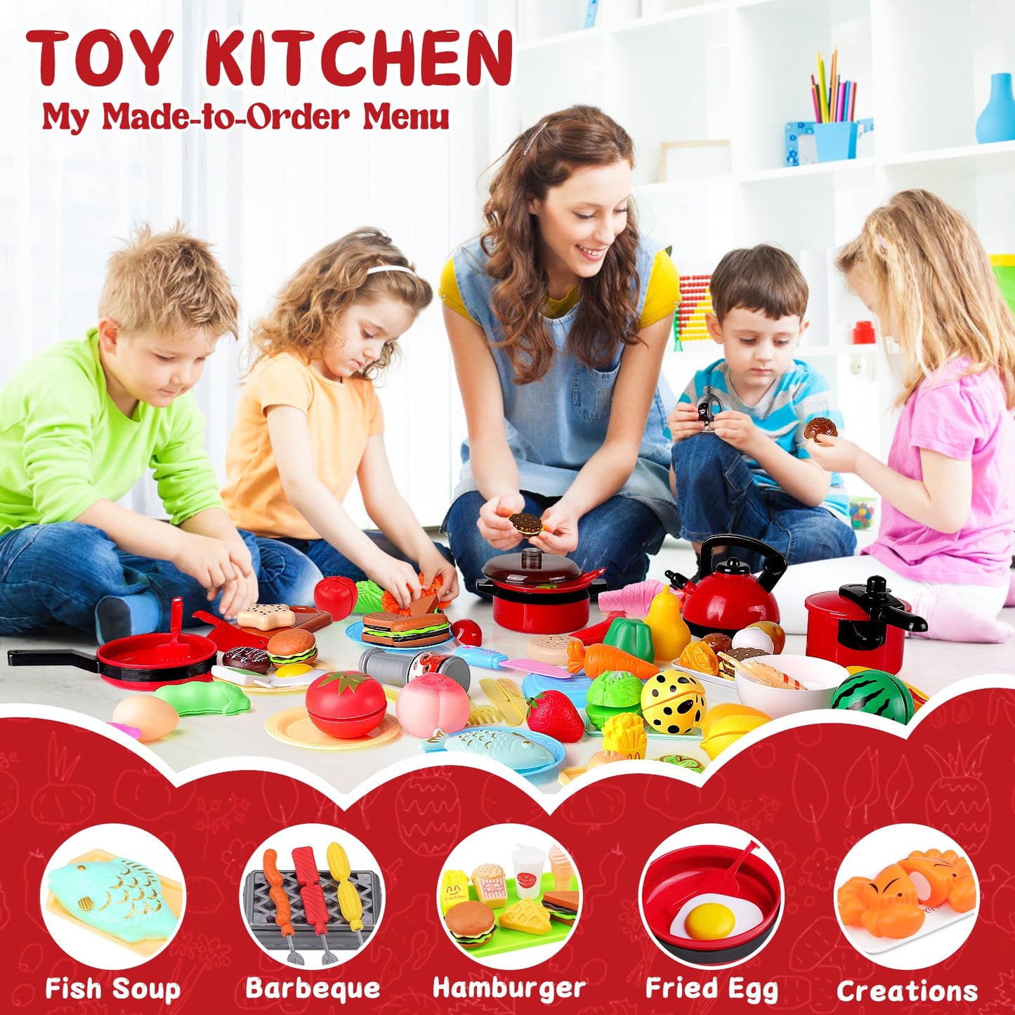 FunMission 134 Pcs Toy Kitchen Accessories, Pretend Cooking Toys with BBQ Grill, Pressure Cooker, Kettle, Pots, Pans, Kitchen Pl