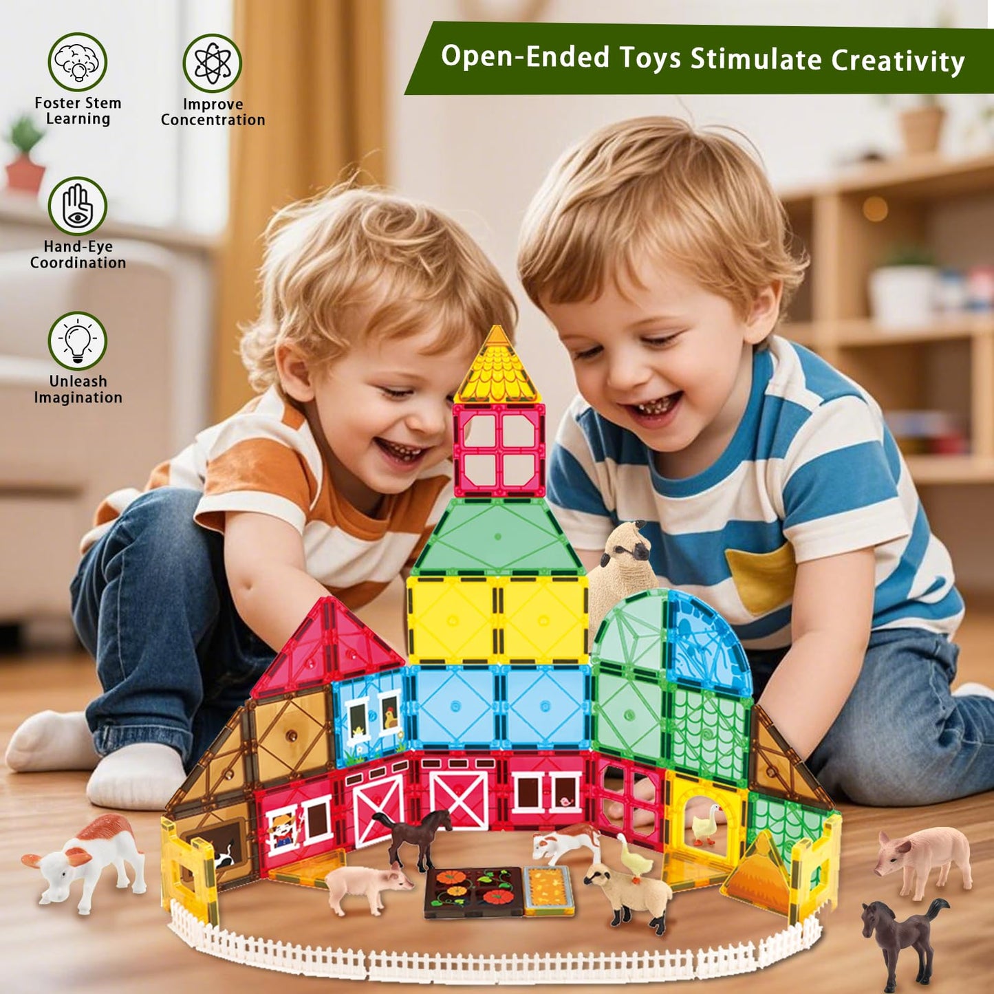 YZHDUXIU Magnetic Tiles Farm Animals for Toddlers Kids Magnetic Blocks Building STEM Toys for 3+ Year Old Boys Girls Montessori Sensory Educational Magnet Tiles Stacking Toy