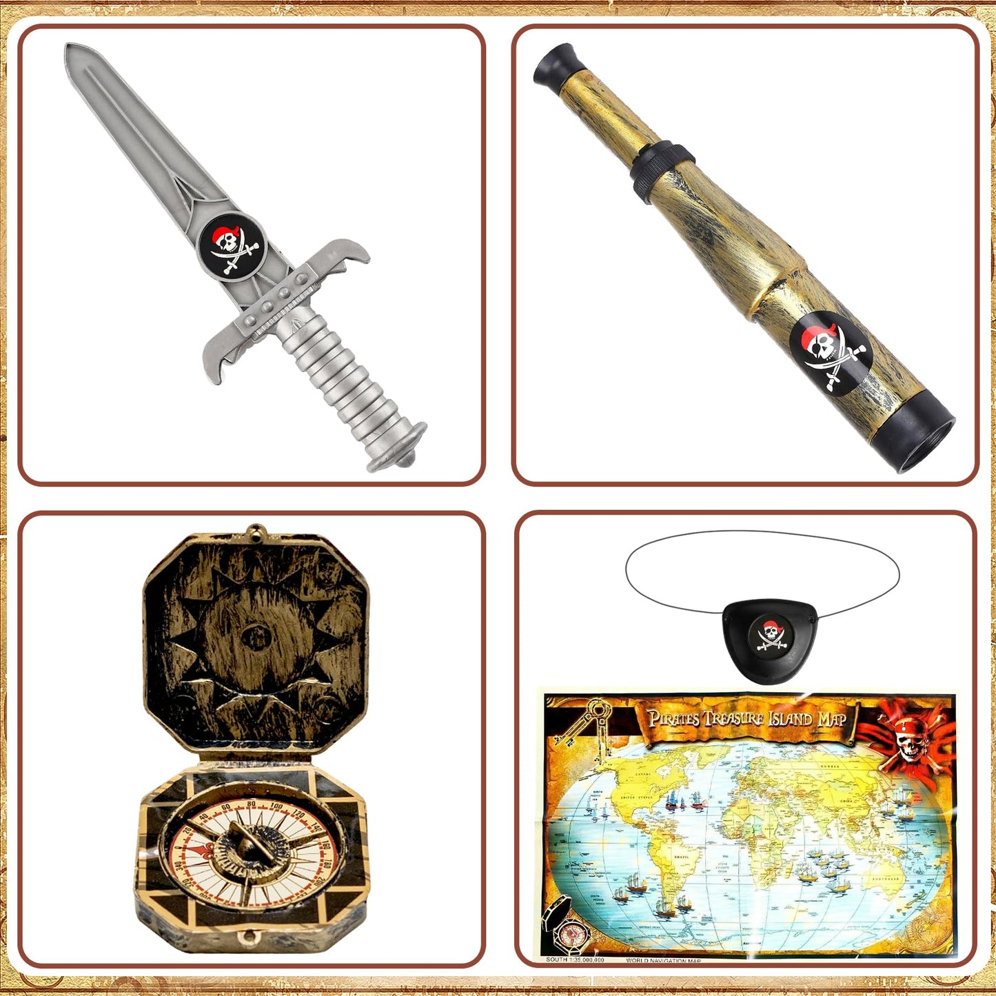 YPFonetoy Boys Pirate Costume Kids Set - Deluxe 10-Piece Pirate Outfit with Eye Patch Hat & Accessories for Halloween (S(3-4 years))