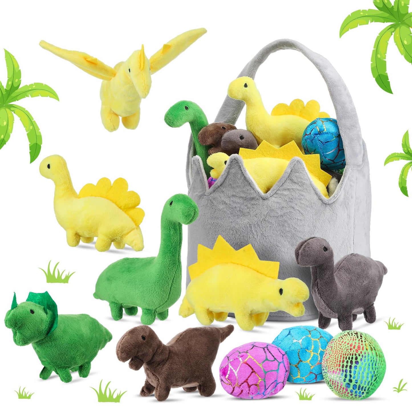 Gemscream 11 Pcs Dinosaur Stuffed Animal Dino Plush Toy And Egg Bag Set Cute Stuff Animals 7 Soft Dinosaur 1 Basket 3 Dinosaur E