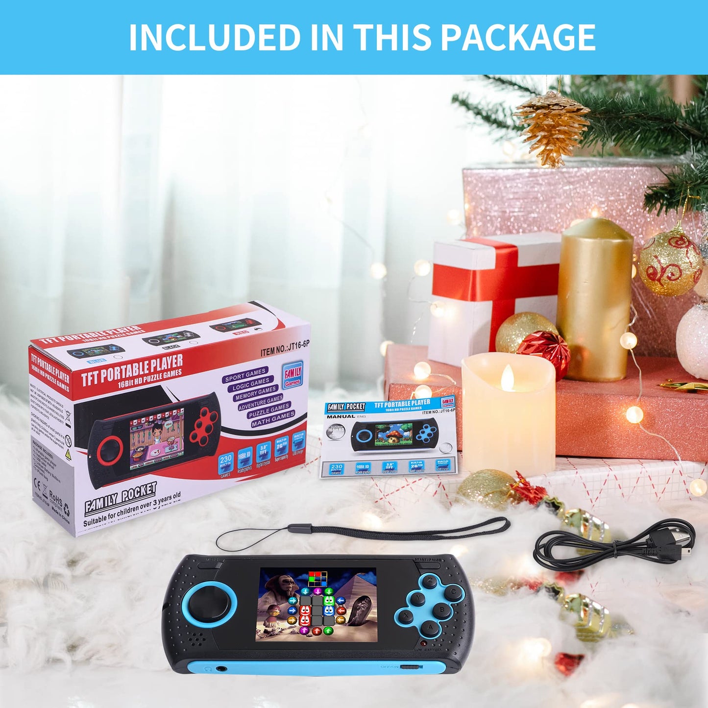 LUHYAUAN 16 Bit Handheld Game Console - 230 Classic Retro Games, USB Rechargeable, 3 Portable Gaming System for Kids Ages 4-12, Blue