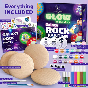 Glow in The Dark Galaxy Rock Painting Kit, Large Wooden Rocks for Painting, Arts and Crafts Painting Rocks for Kids, Kids Craft