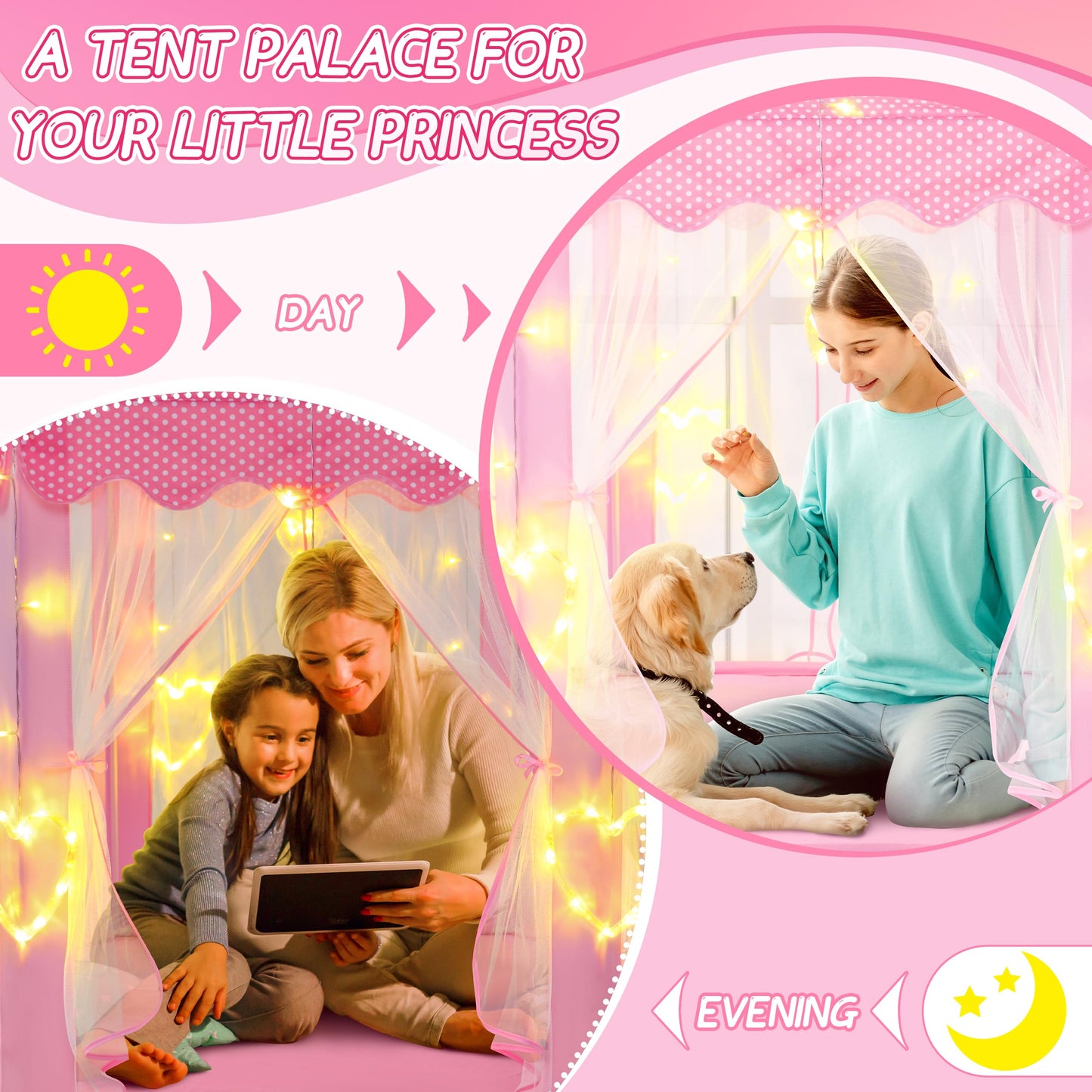 Evoionos Princess Tent For Girls, Kids Tent Indoor, Girls Tent With Large Love Lights, Pink Play Tent For Toddlers, Princess Cas