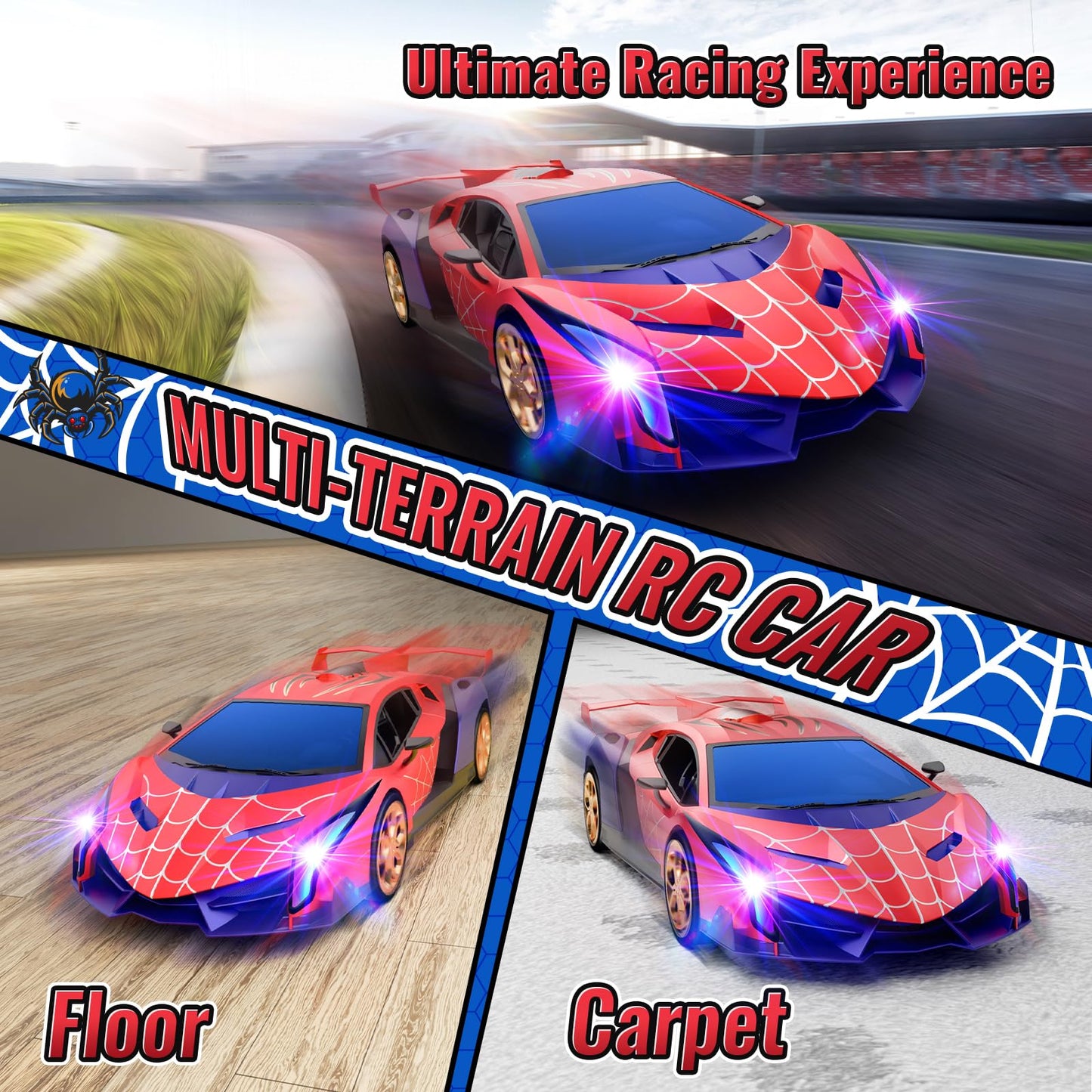 Spider Remote Control Car 1:16 with Multi-Color Flash Lights, 2.4GHz Drift RC Cars Dual Rechargeable Batteries, Spider Toys Gift