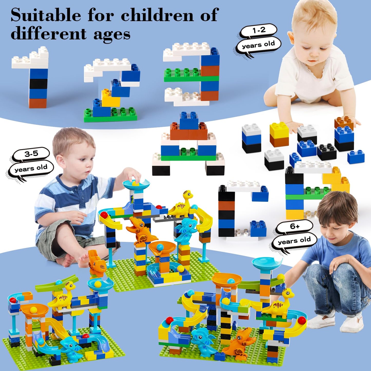 Anpcso Marble Run Building Blocks, Dinosaurs Marble Track Toy Classic Large Bricks for 3 4 5 6 7 + Year Old Boys Girls Kids, Bri