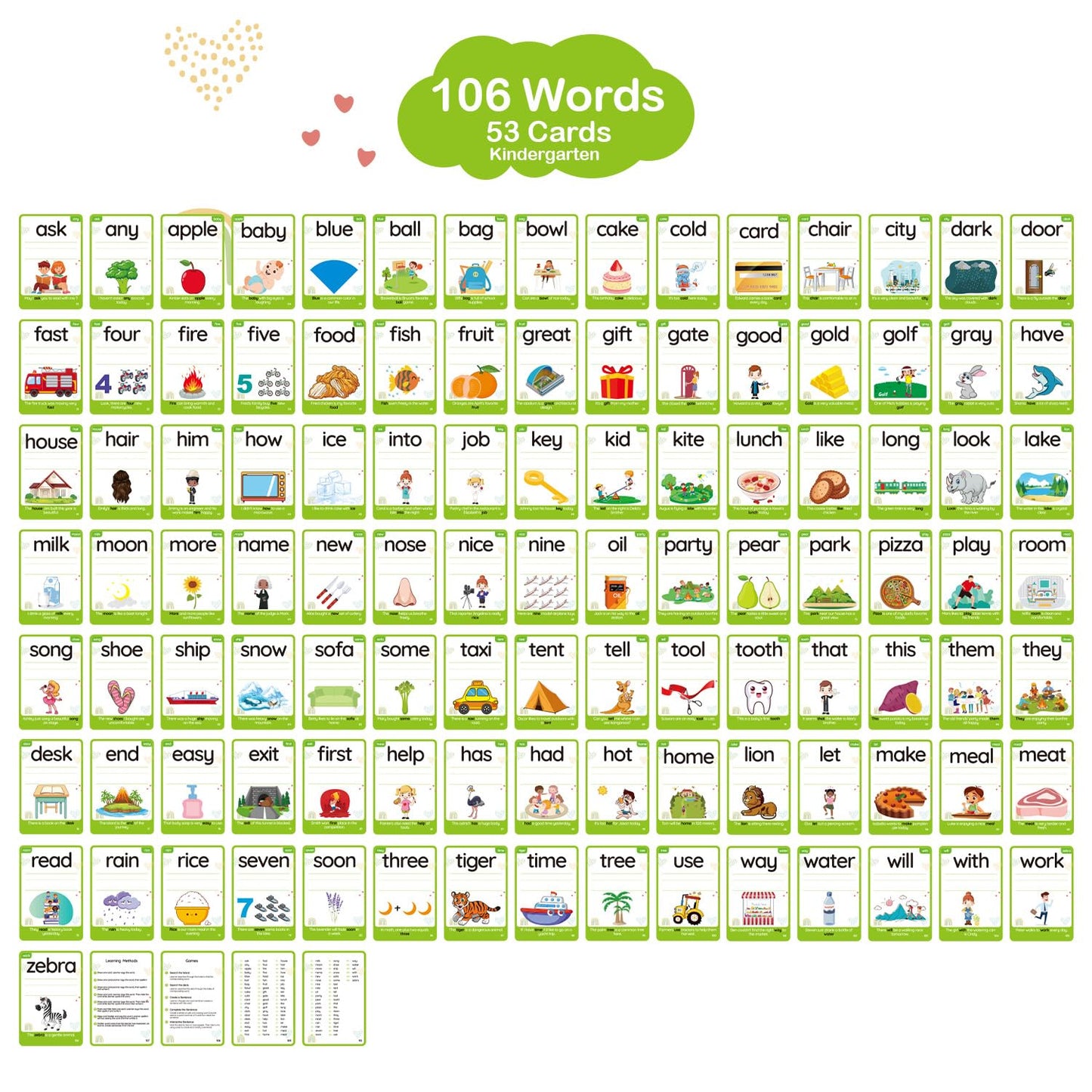 Wjpc 55 Cards, 106 Pcs High Frequency Sight Words Flash Cards (Kindergarten), Toddler Flash Cards For Kids Ages 4,5,6,7 Years. Learn To Read, Write, Sentence-Making