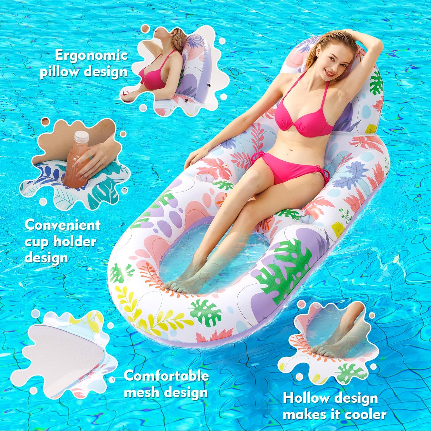2 Pack Pool Floats mature-themed Heavy Duty-mature-themed Pool Float Lounger with Cup Holders Backrest & Footrest Pool Lounge Float Pool Floaties Rafts for Beach Lake Party(Pink Blue)