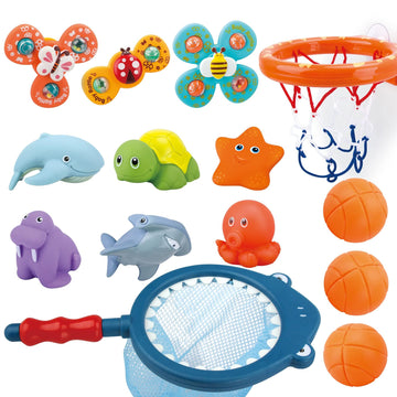 Bath Toys Playset, Fun Basketball Hoop & Balls, Bathtub Pool Shooting Game & Fishing Game, Sensory Suction Cup Spinner Spinning Top Baby Toy, For Little Boys Girls Kids Toddlers
