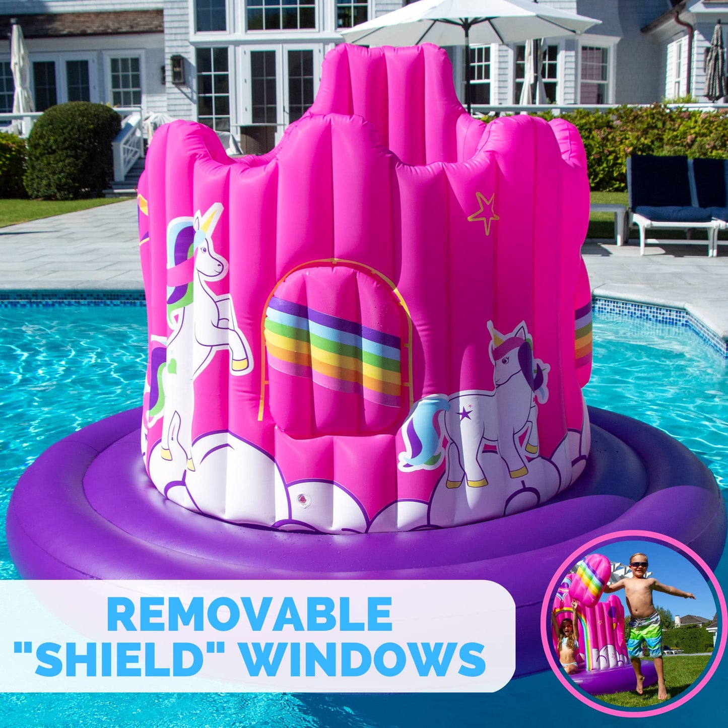 Swimline Giant Inflatable Unicorn Castle Pool Float For Kids And Adults Size| Floating Kingdom Raft Lounger Combo With Gate Shield Windows & Accessories For Pools Lakes Beach | Fits Up To 4 People