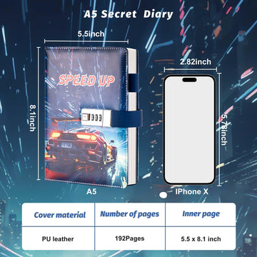 Cagie Diary With Lock For Teens Who Like Supercar Speed Up, Gifts For Teen Girls And Boys 12-18 Securely Guard Secrets Journal W