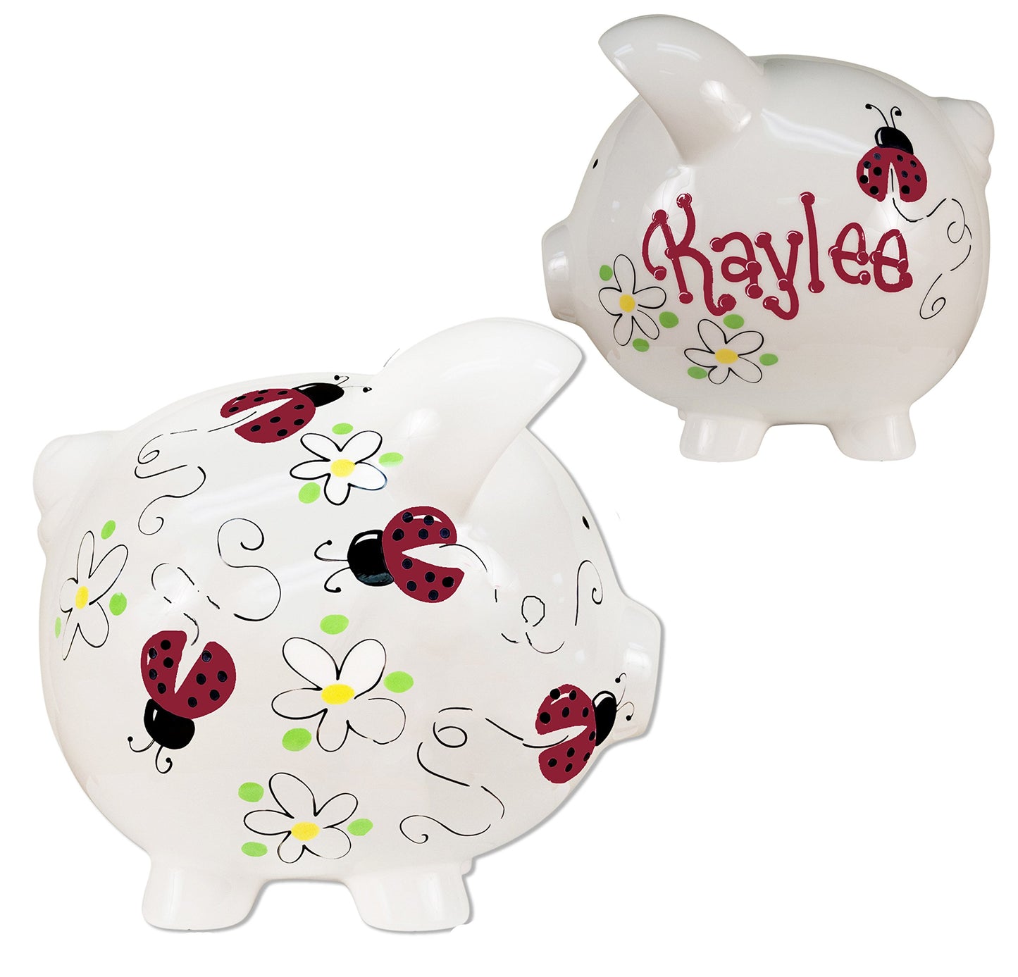 My Bambino Girl'S Hand Painted Personalized Piggy Bank Large White Ceramic Piggybank Baby Gift (Red Ladybugs)