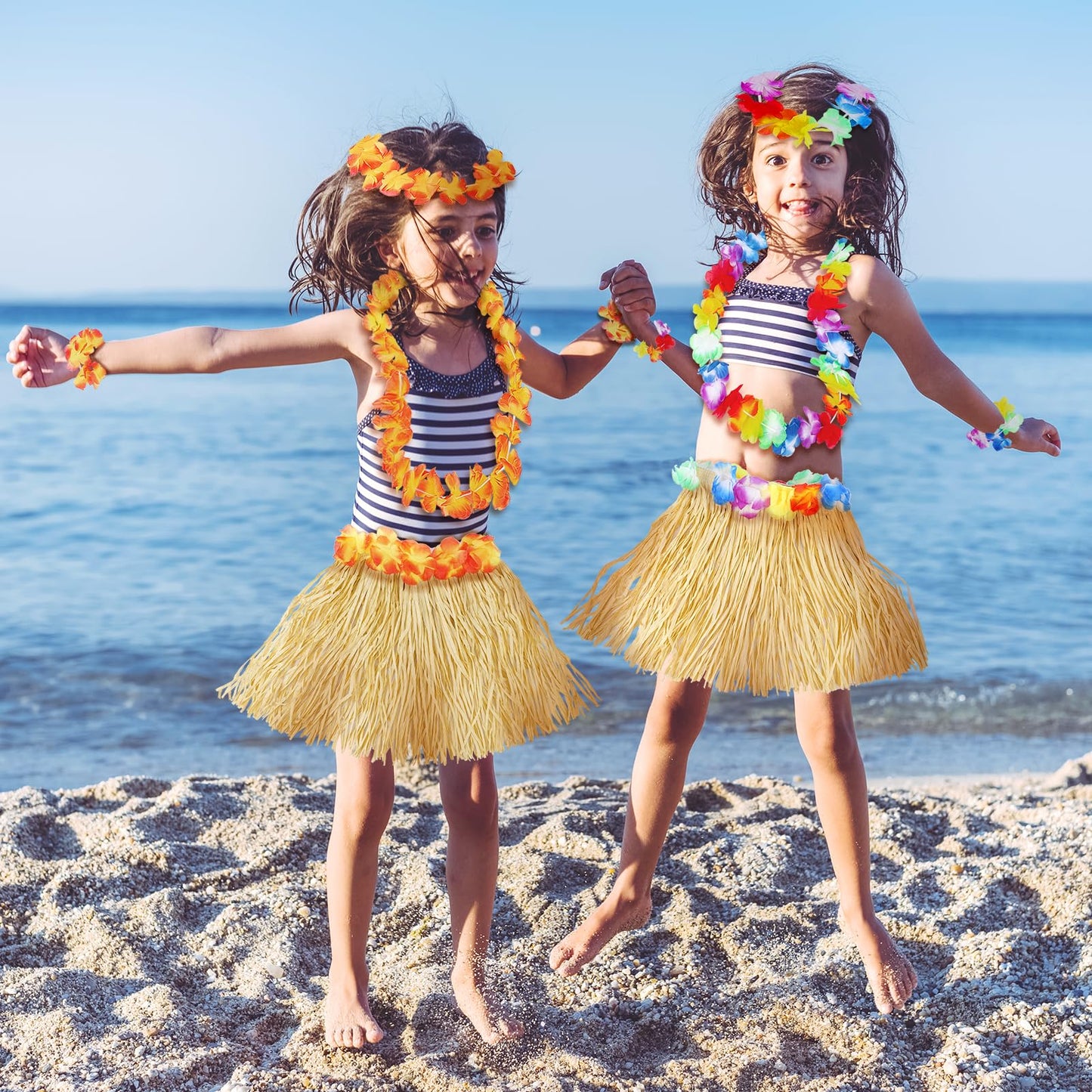 Fortuning'S Jds Girl'S Hawaiian Hula Grass Skirt With Flowers Costume Set Raffia Skirt For Luau Tropical Beach Party