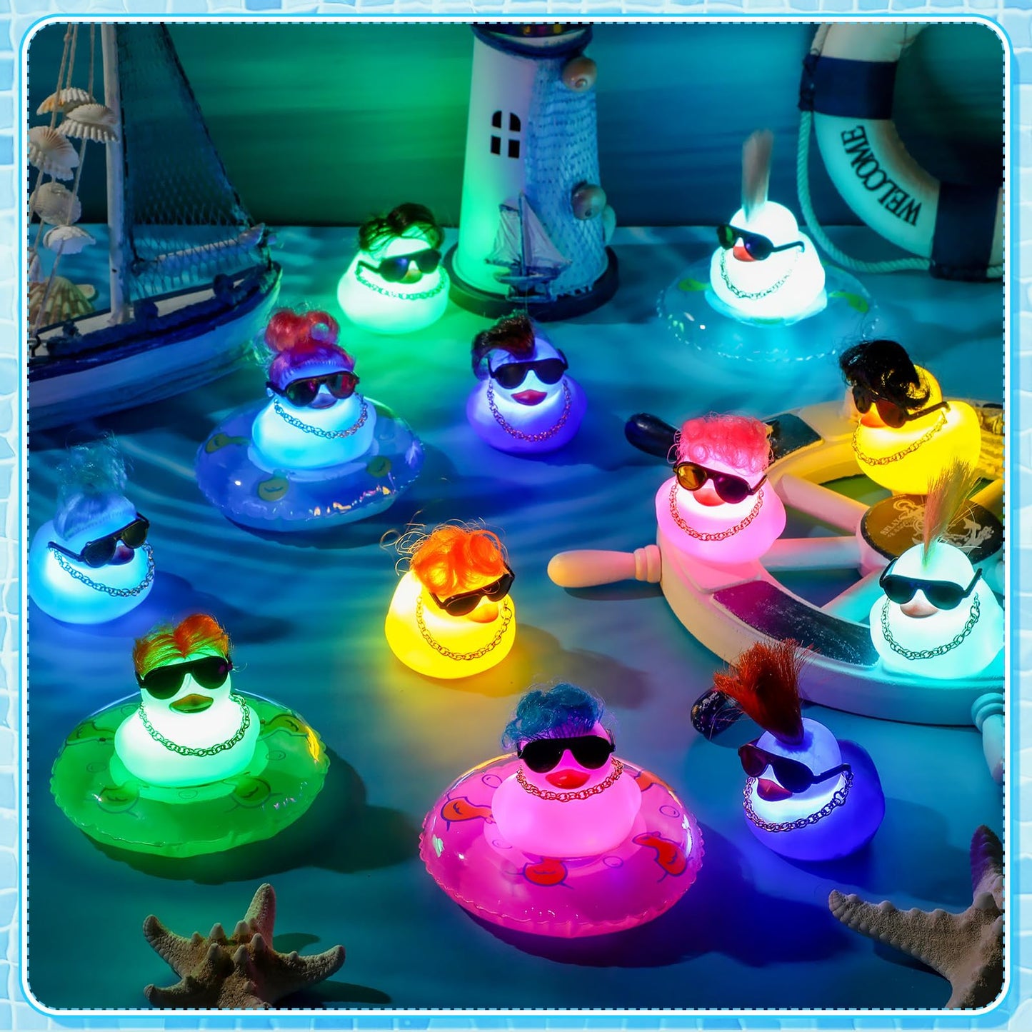 Hydren 24 Pcs Light Up Rubber Ducks Bulk Small Cute Ducks Operation Christmas Bath With Wig Up Funny Shower Ducks For Boys Girls