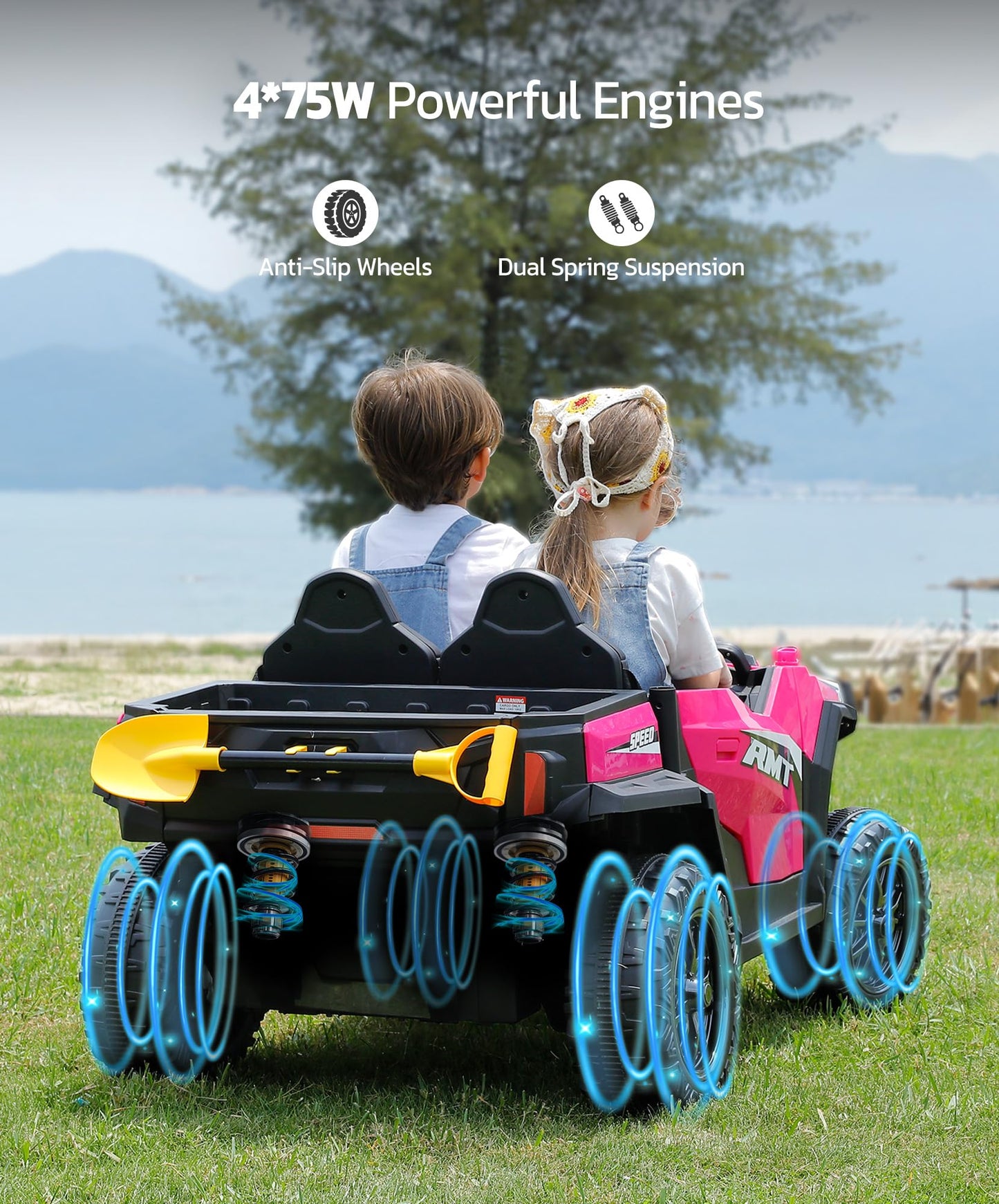 Elemara Ride On Cars 2 Seater W/Sun Shade, Dump Bed And Shovel, Ride On Toy For Big Kids, 12V 10Ah 4Wd Powered Electric Car, Sid