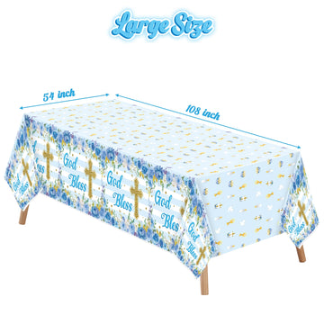 BkeeCten 3 Packs Blue Baby boy Baptism Party Tablecloths Decorations Flower Theme Disposable Plastic Waterproof Rectangle God Bl