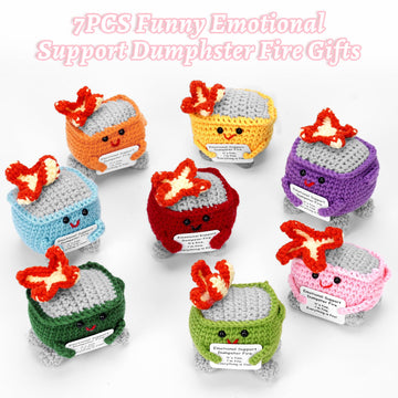Megele 7pcs Emotional Support Dumpster Fire Gift Set Handmade Crochet Desk Accessories Room Decor Funny Gifts for Women Men Frie