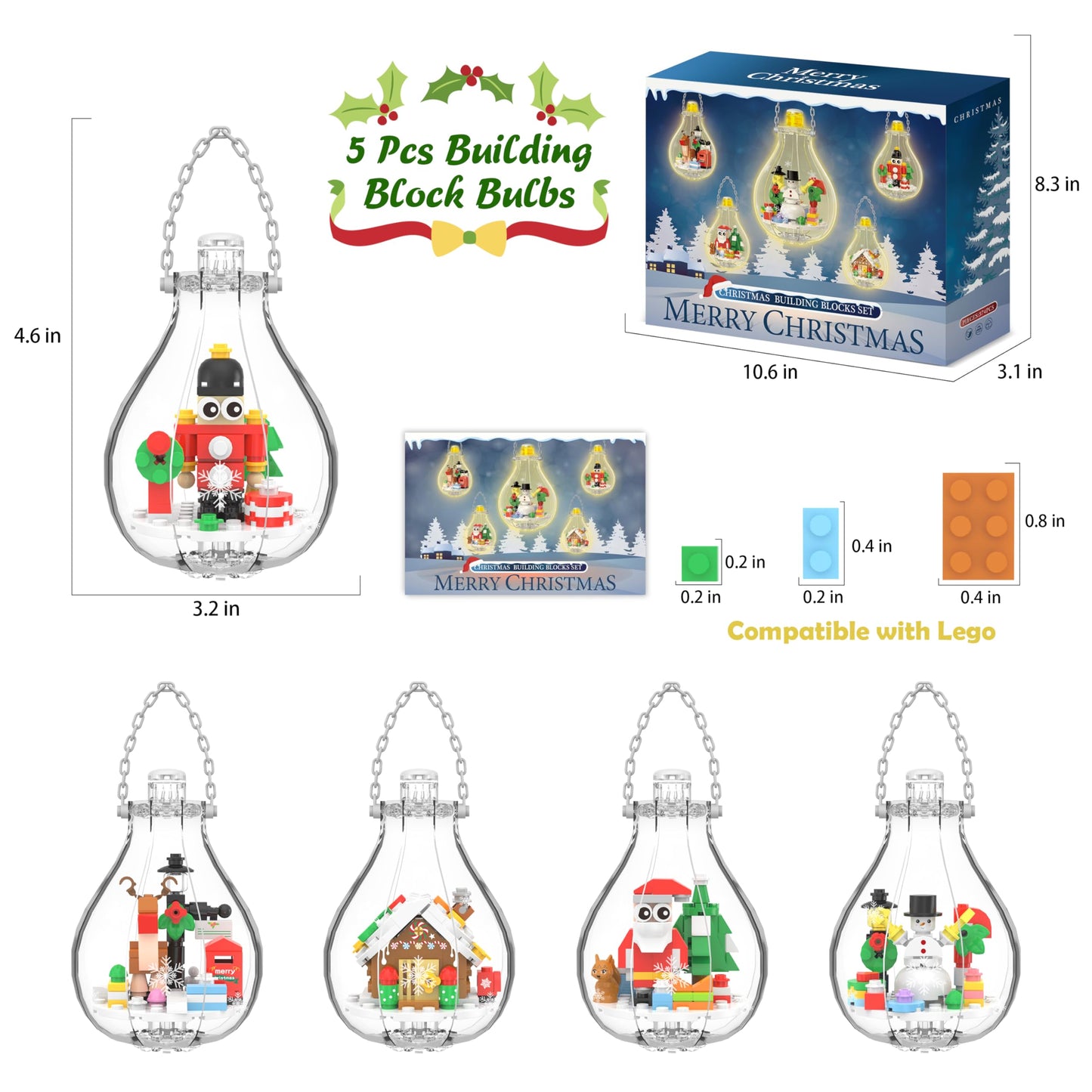 Wowok Christmas Ornaments Building Blocks - Multicolored Acrylic Decorations for Lego Trees, Reindeer, Snowman, Santa - 5 Pack Xmas Gifts