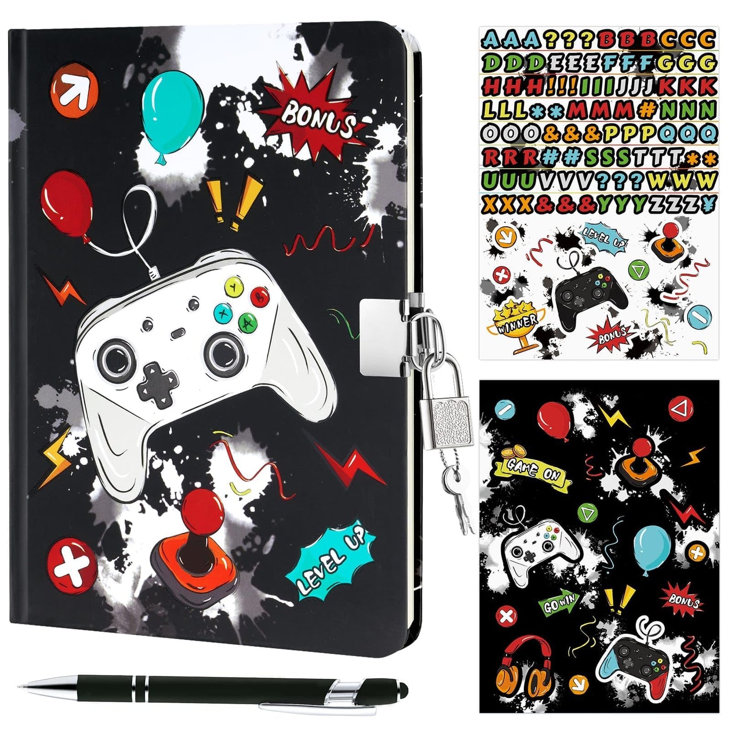 Wernnsai Kids Diary Set For Boys Game Journal Kit - Kids Luminous Journal With Lock And Keys, Boys Game Diary, Video Game A5 Lined Writing Notebook, Birthday Christmas Gift Set With Pen And Stickers