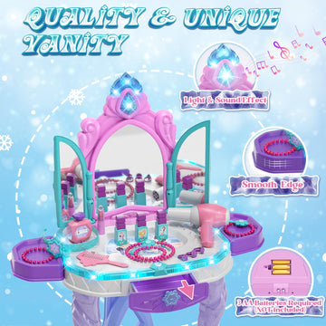 Lehoo Castle Pretend Play Kids Vanity Table And Chair Set, Girls Makeup Table With Mirror Stool Lights Music, Toddler Play Vanit