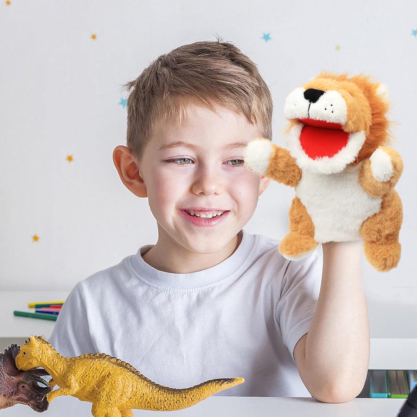 Cuteoy Plush Lion Hand Puppet Stuffed Animal Toy Open Movable Mouth Creative Role Play Storytelling Plushies Gifts For Kids Toddlers Birthday Christmas