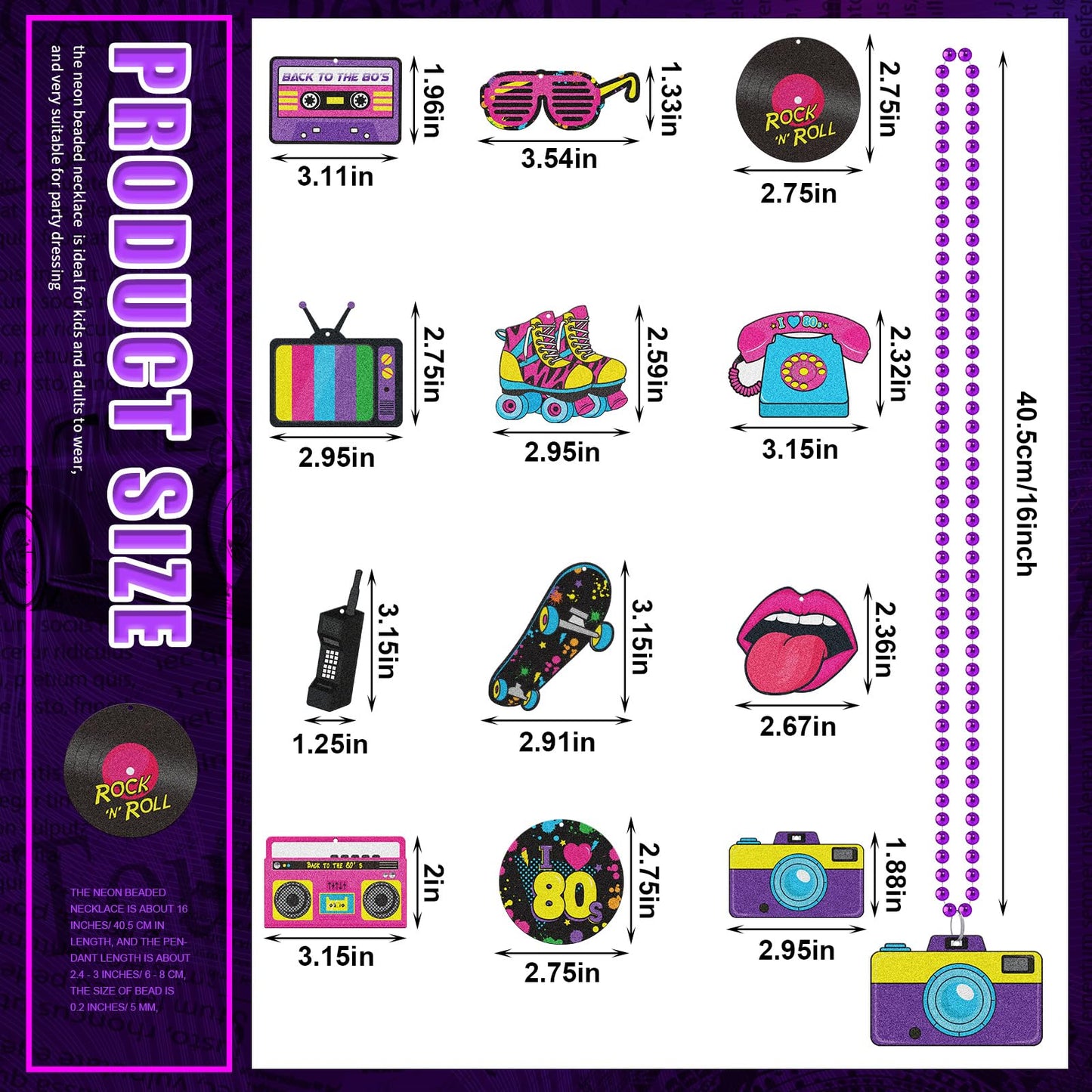 Tigeen 48 Pcs 80s Beaded Necklaces Metallic Neon Beads Retro Glow Party Disco Necklaces Bulk Colorful Rock Music Necklace for Wo