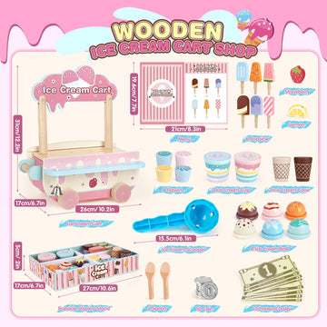 Dreamon Wooden Ice Cream Toys For Kids Toddlers, 48 Pcs Ice Cream Cart Play Kitchen Accessories With Menu, Pretend Money, Wooden