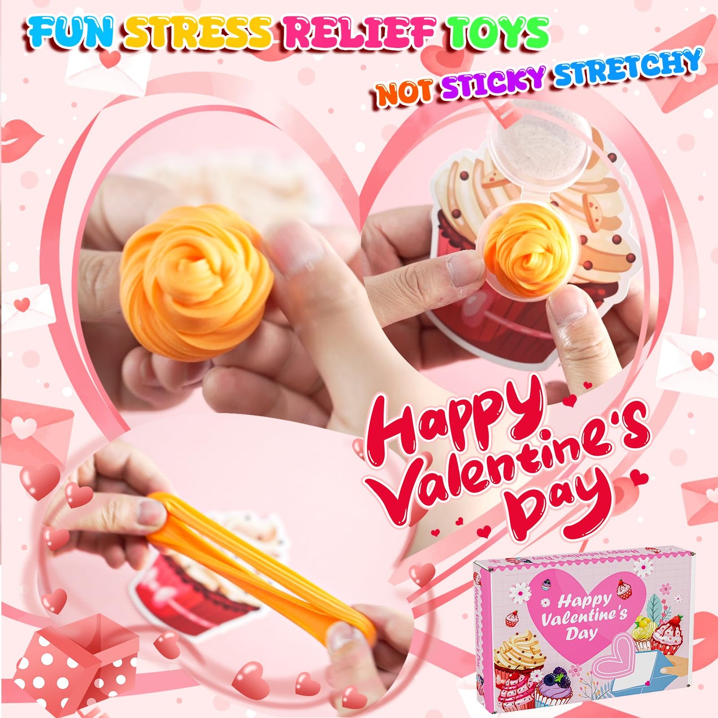 Valentines Day Gifts For Kids Classroom School, 24 Pack Cupcake Themed Slime Valentines Day Cards For Girls Boys, Party Favors,