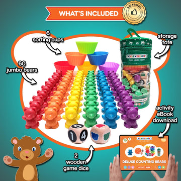 KIDS KORNER Jumbo Counting Bears Game - Montessori Learning Toy, 60 Bears, 6 Cups, 2 Dice, Red/Orange/Yellow/Green/Blue/Purple