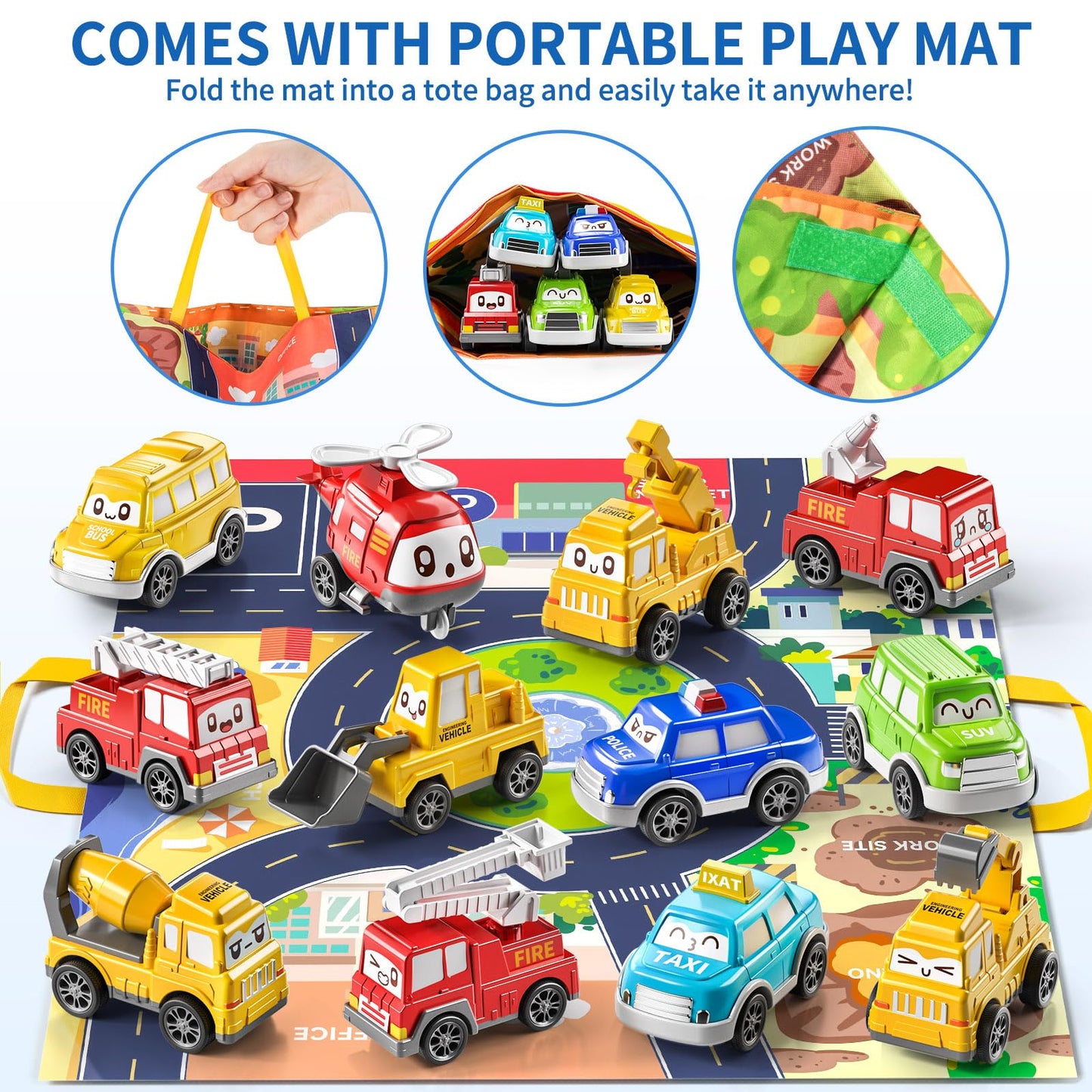 TEMI Toddler Pull Back Car Toys for 1 2 3 Year Old Boy Girl, 12 Pieces Baby Toy Cars with Play Mat/Storage Bag, Baby Toys 12-18
