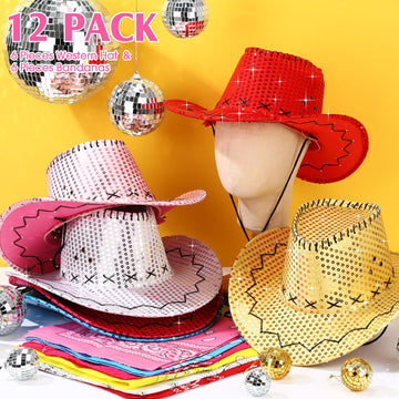 Zhanmai 12 Pieces Cowboy Hats And Bandanas Bulk Western Cowboy Cowgirl Hats Costume Party Favors(Multicoloured 2)