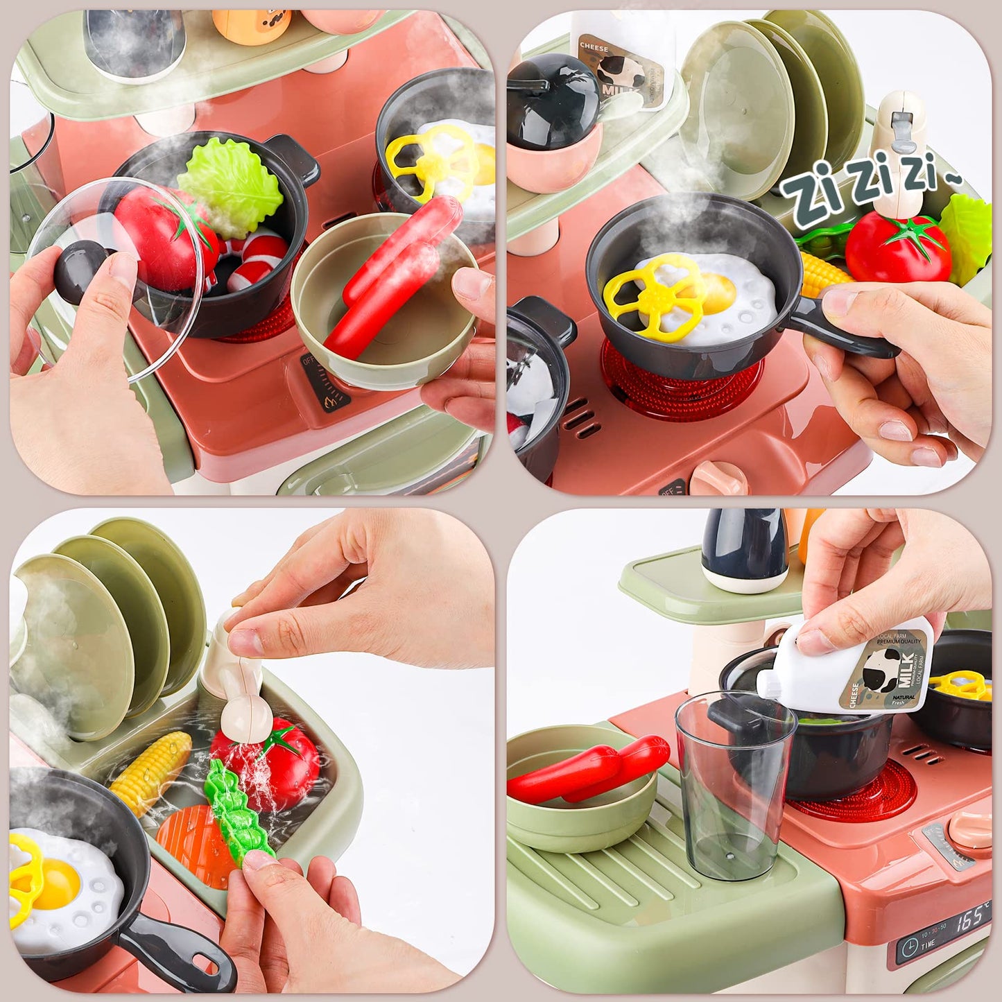 deAO Kitchen Toys for Kids Kitchen Playset Toy with Sounds and Lights Role Playing Game Pretend Food and Cooking Playset,26 PCS