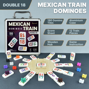 Queensell Mexican Train Dominoes Set - Double 18 with Wooden Hub & Aluminum Case for Family Game Night