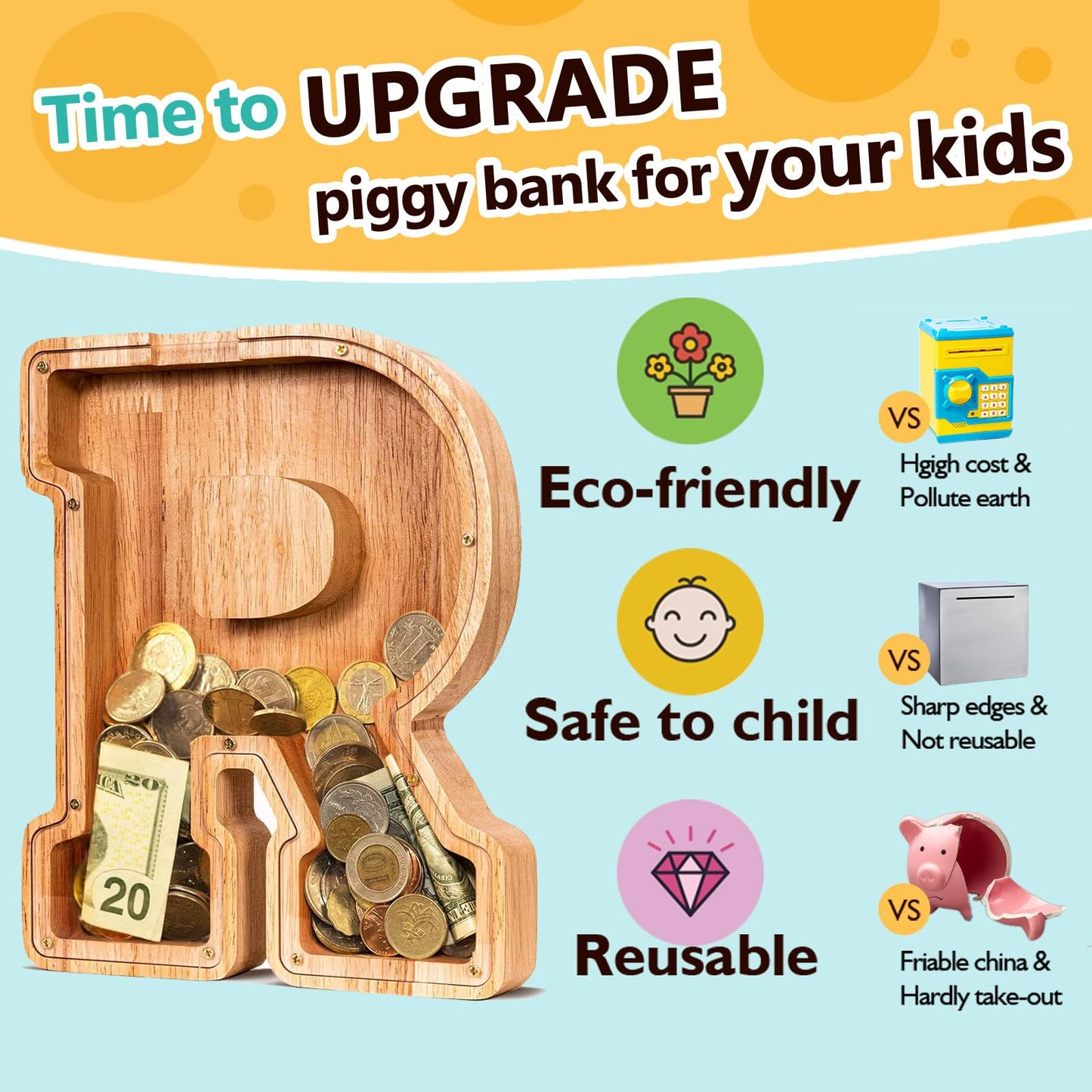SummiDate Wooden Letter Piggy Bank| Piggy Bank for Boys Girls Toddler| Alphabet R Money Bank| Coin Bank Birthday Gift for Kids|Birthday Gift for Kids (R)