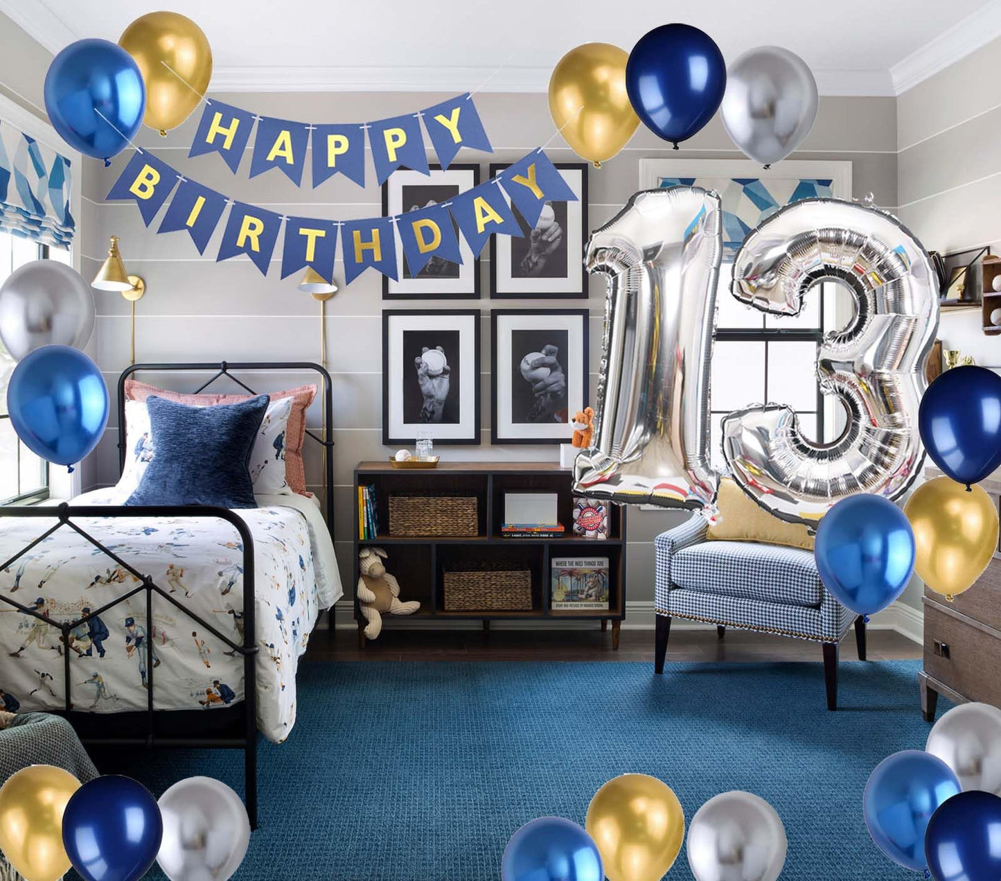 13Th Birthday Party Decoration For Boys, Birthday Banner Blue Number 13 Birthday Balloons Metallic Silver Blue Gold Latex Balloo