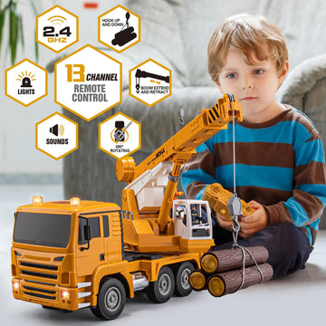 WEMOKA 13 Channel RC Crane Truck, 2.4G Remote Control Crane Toy Construction Vehicles with Lights, Sounds, Hook Up and Down, 1:1