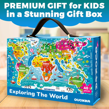 QUOKKA Giant Floor Puzzle for Kids Ages 4-6 - 2x3 Feet Extra-Thick 48 Pieces Toddler Puzzle Ages 3-5 - World Map Educational Activity for Boys Girls - enhanced Box with Sturdy Handle & Magnetic Closure
