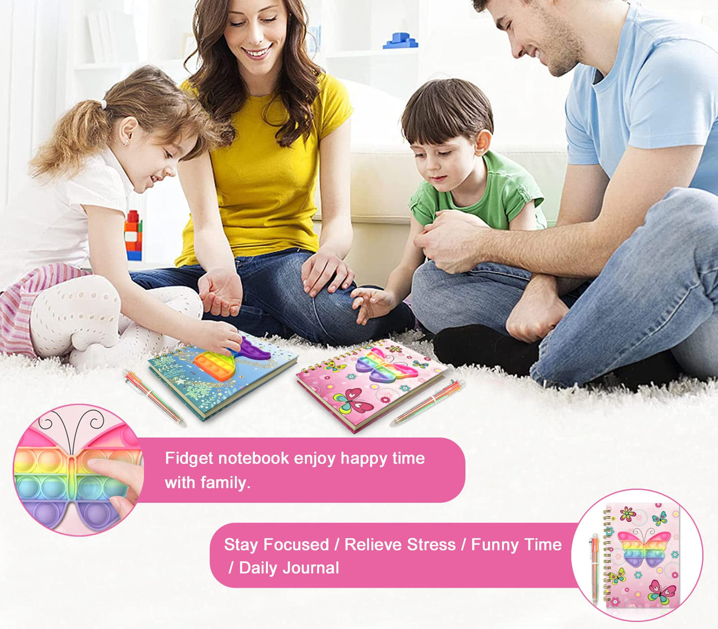 Pop Notebook For Kids, Fidget Girls Diary Journal 8.3X5.7 Inches 160 Lined Pages With 6 Multicolor Pen Spiral Journal For Teenage School Writing Drawing Pop Butterfly It Gifts Stuff Age 6 8 10 12