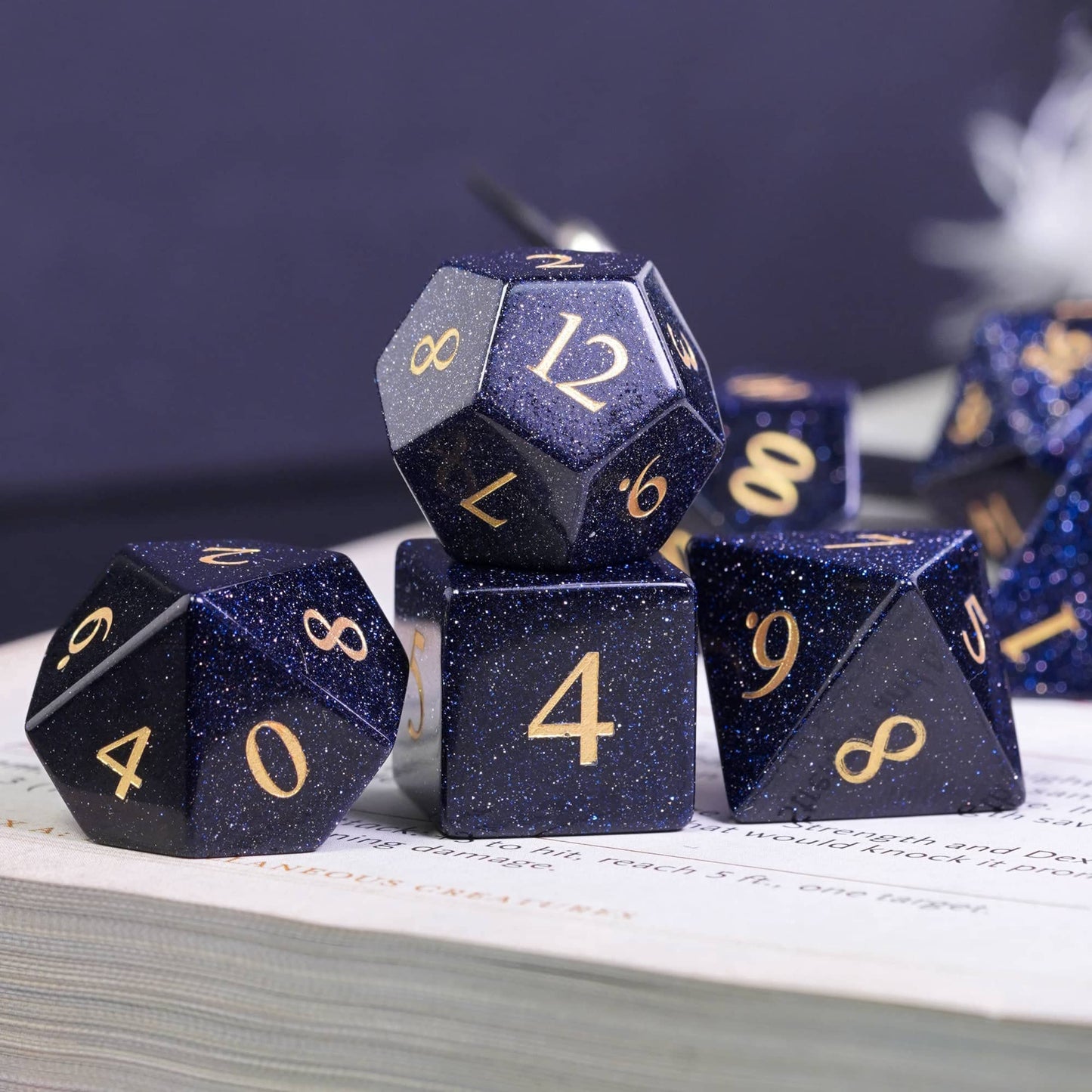 UDIXI Stone D&D Dice Set 7PCS Blue Sandstone Gemstone DND Dice with Leather Gift Box for Dungeons and Dragons Role Playing Game