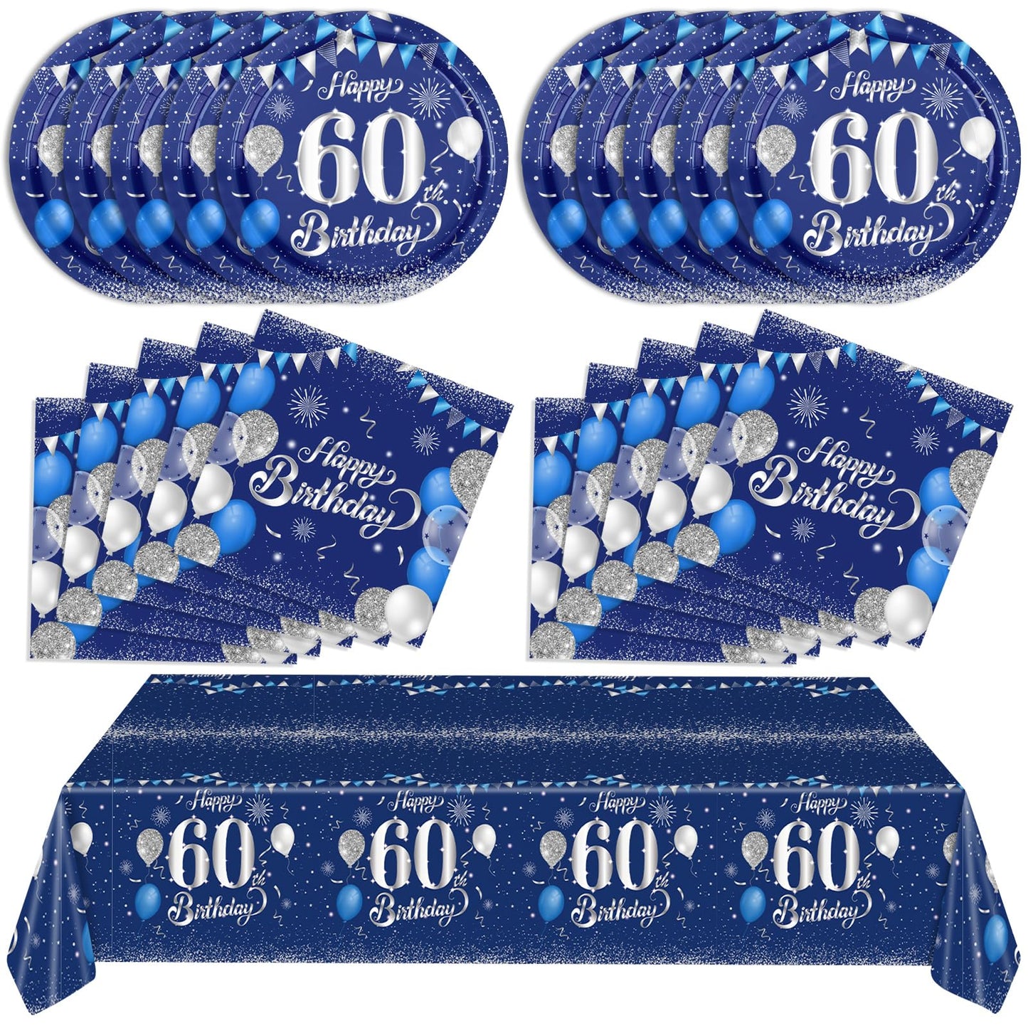 Blue 60Th Birthday Decorations For Men Navy Blue Silver Happy 60Th Birthday Tableware Set Include Happy 60Th Birthday Plates Nap