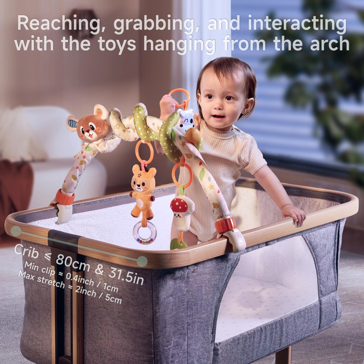 TUMAMA Baby Activity Arch with Bear Spiral Toy, Clips Adjustable and Detachable Sensory Stimulating Hanging Toys Baby Toys 0-3 3