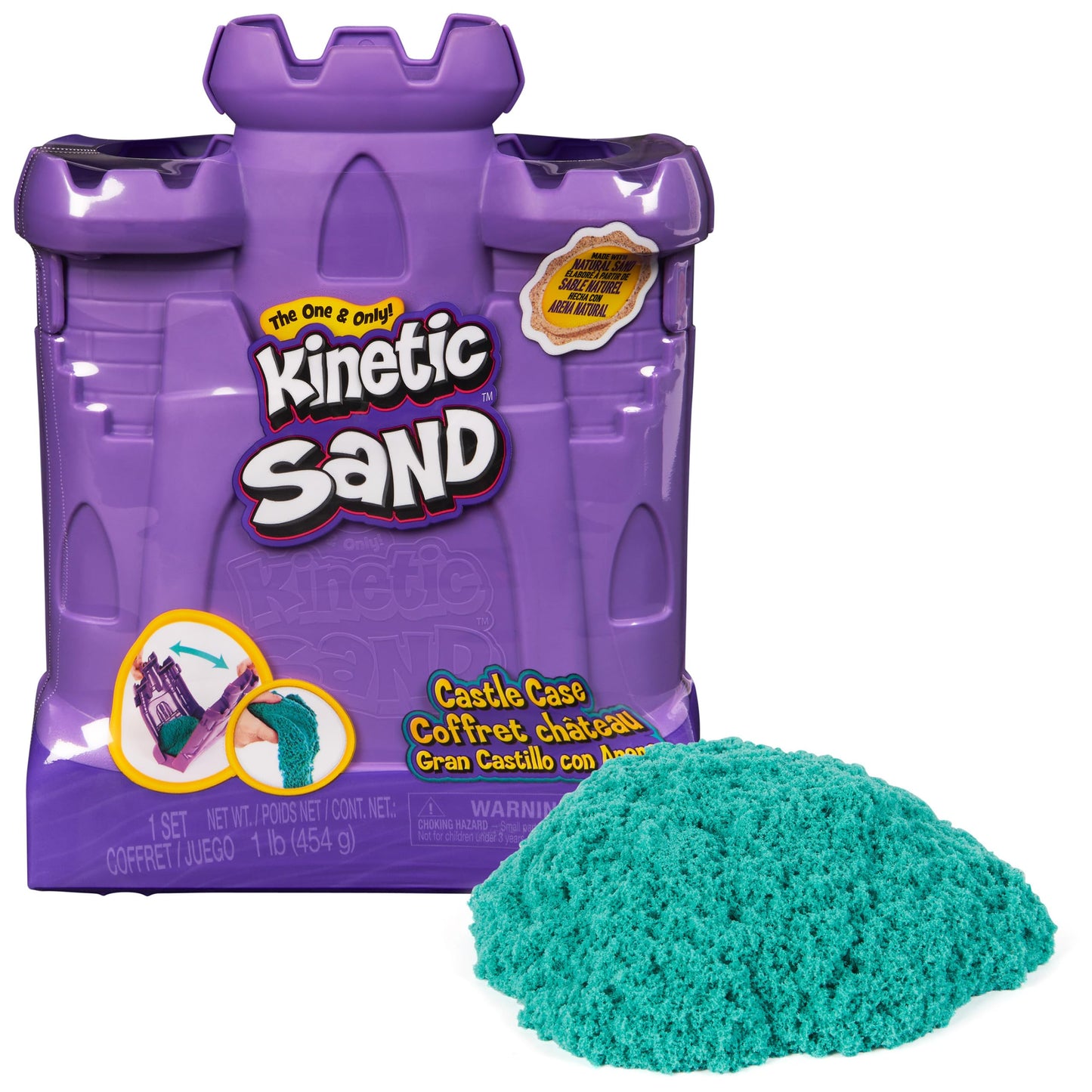 Kinetic Sand, Castle Case with 1lb Teal Play Sand, Multipurpose Play Space and Storage Container, Sensory Toys for Kids Ages 3 a