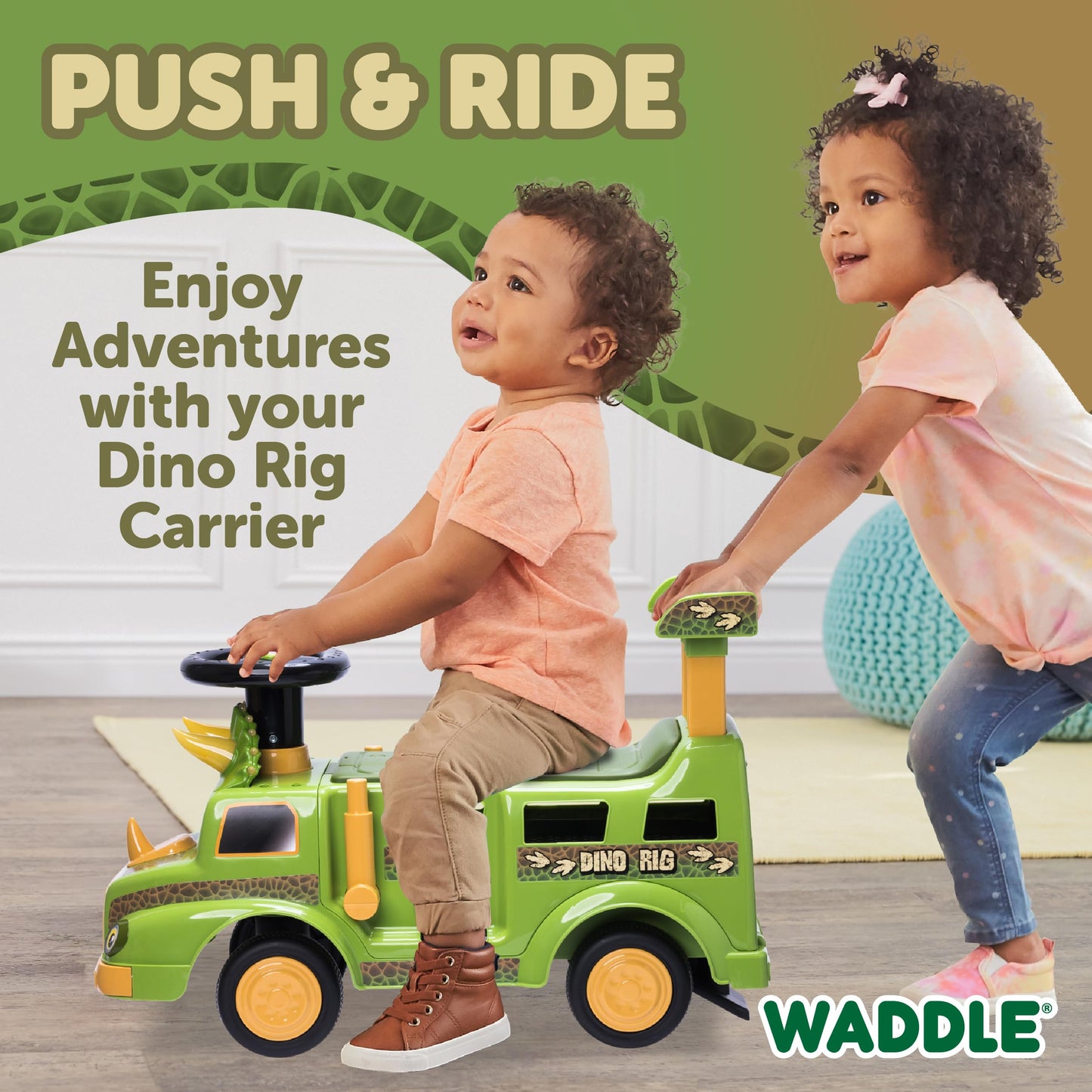 Waddle Dinosaur Toys For Kids - Ride On Cars For Toddlers 1-3, Dino Rig Transporter Includes 2 Monster Rigs, Lights, Sound, Interactive Kids Toy, Indoor, Outdoor Toddler Toys, Up To 44 Lbs