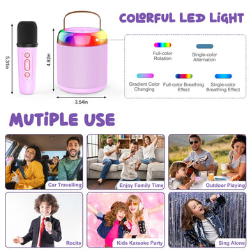 Iyoyo Mini Karaoke Machine For Kids Portable Bluetooth 5.3 Speaker Led Lights With 1 Wireless Microphone Karaoke Gifts For Girls Boys Audlt Birthday Christmas Solid Metal Body (Purple-1 Mic)