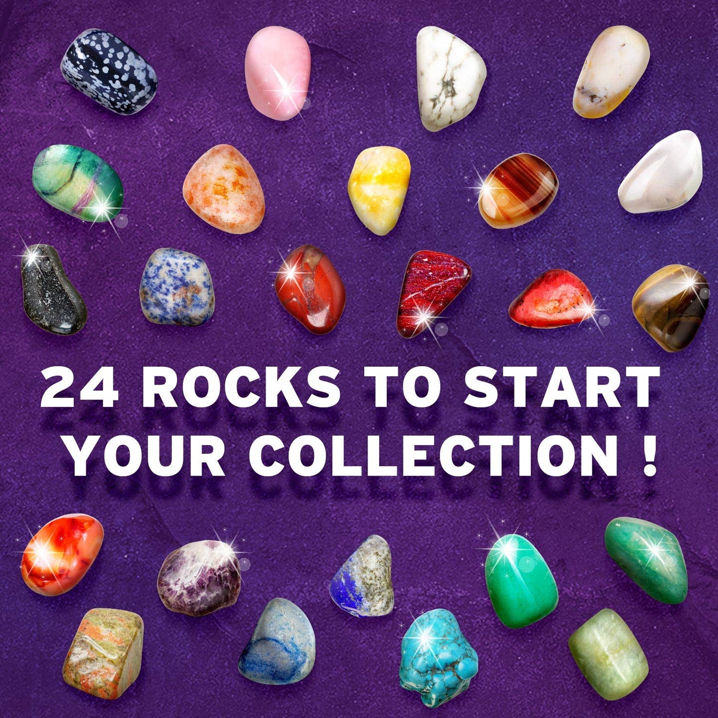 Xxtoys Rocks Collection 24 Pcs Rock And Mineral Education Set Gemstones For Kids Geology Gem Kit With Tigers Eye Rose Quartz Red
