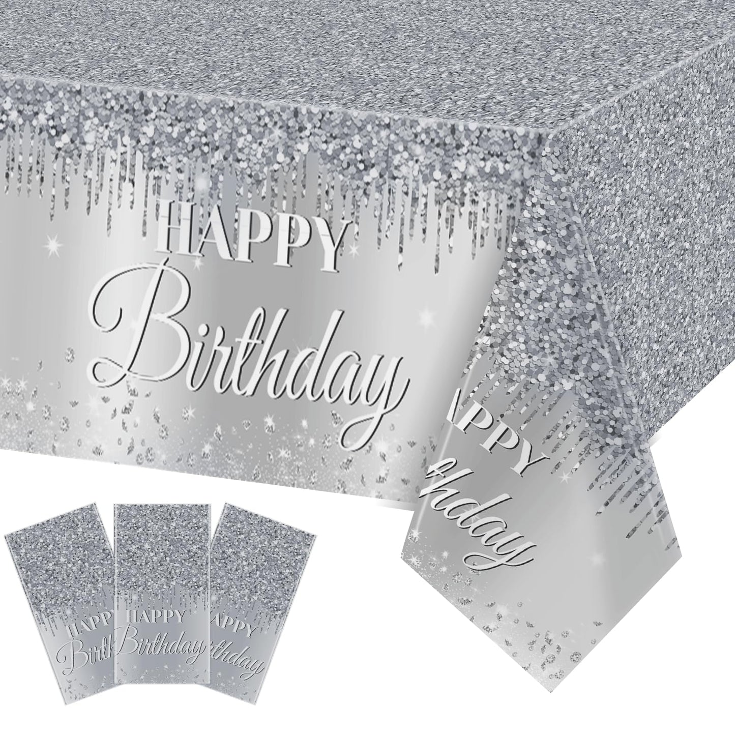 Silver Happy Birthday Party Decorations Silver Theme Table Covers Silver Glitter Birthday Party Tablecloths Supplies Diamonds Silver Party Tablecloths For Baby Shower Wedding Birthday Parties Supplies