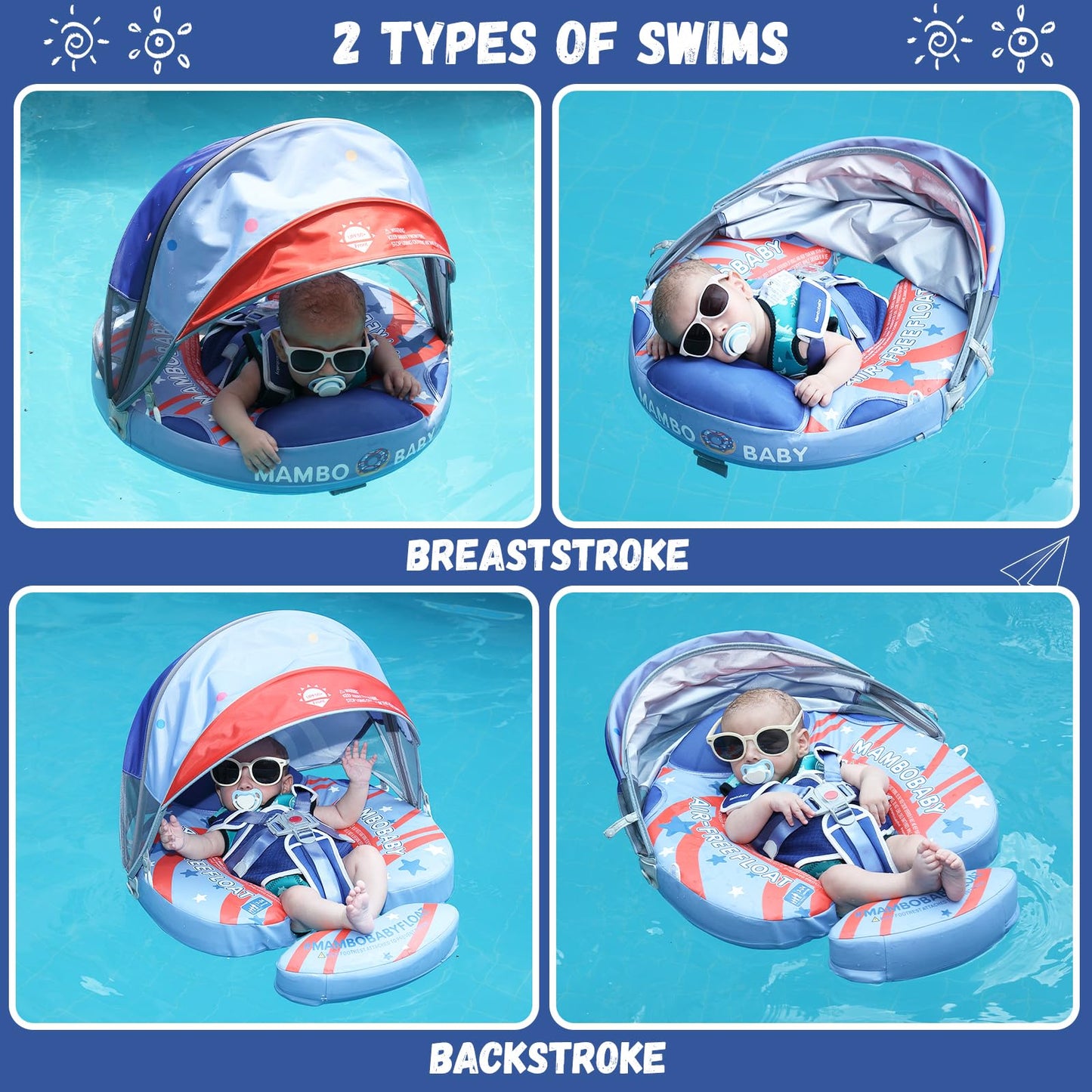 GENTEACO Mambo Baby Pool Float with Removable Canopy 3-24 Months Baby Float Soft Waterproof Infant Swim Float Add Tail Avoid Fli