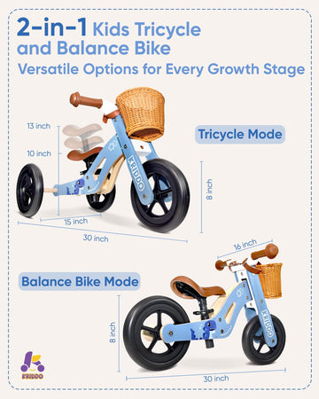 Kriddo 2 In 1 Wooden Kids Tricycle And Balance Bike With Pattern For 1-4 Years Old, No-Pedal Tricycle And Toddler Balance Bike W