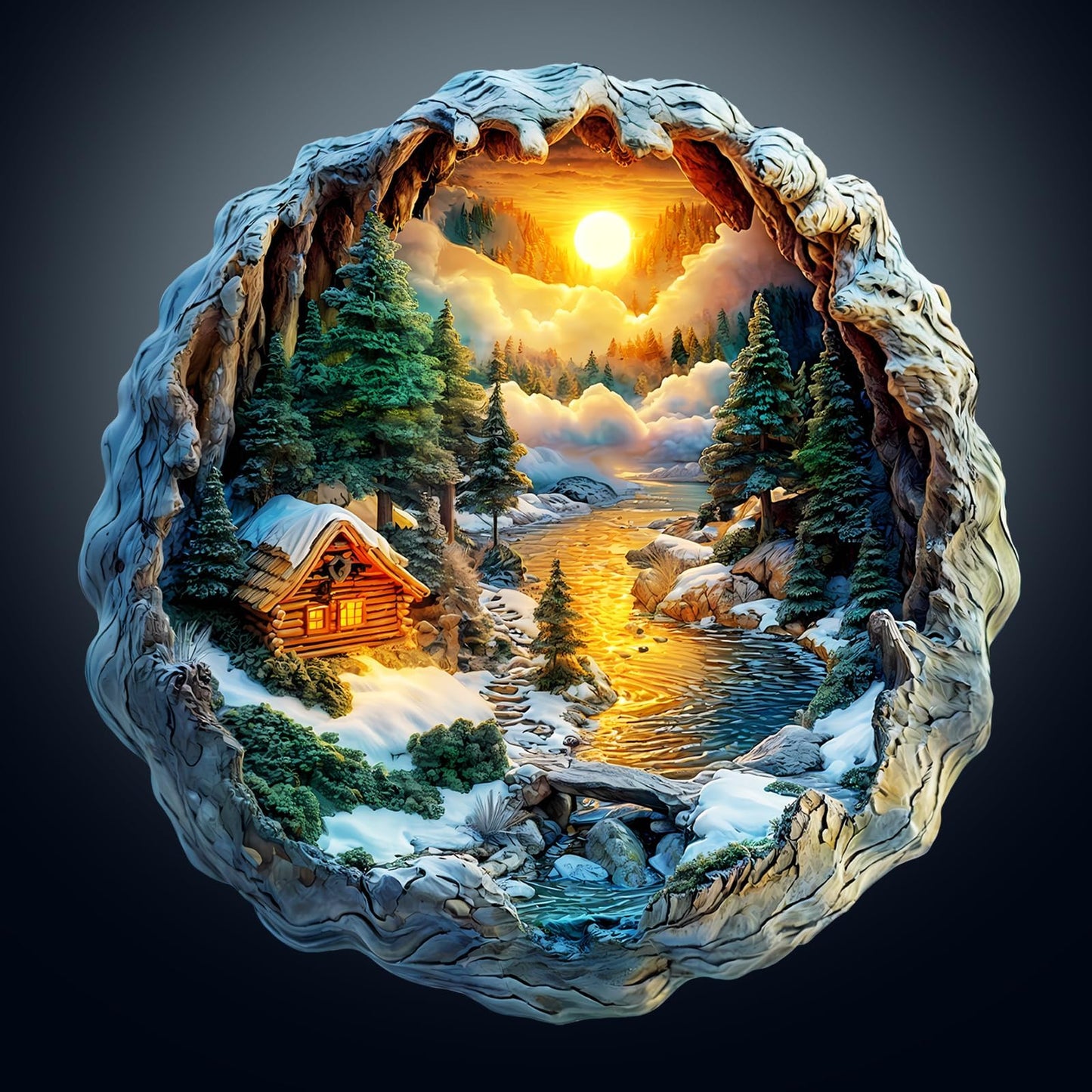 Wooden Puzzles for Adults, Flat Puzzle with 3D Visual Effect, Winter Scene Wooden Jigsaw Puzzles for Adults, Forest River Sunset
