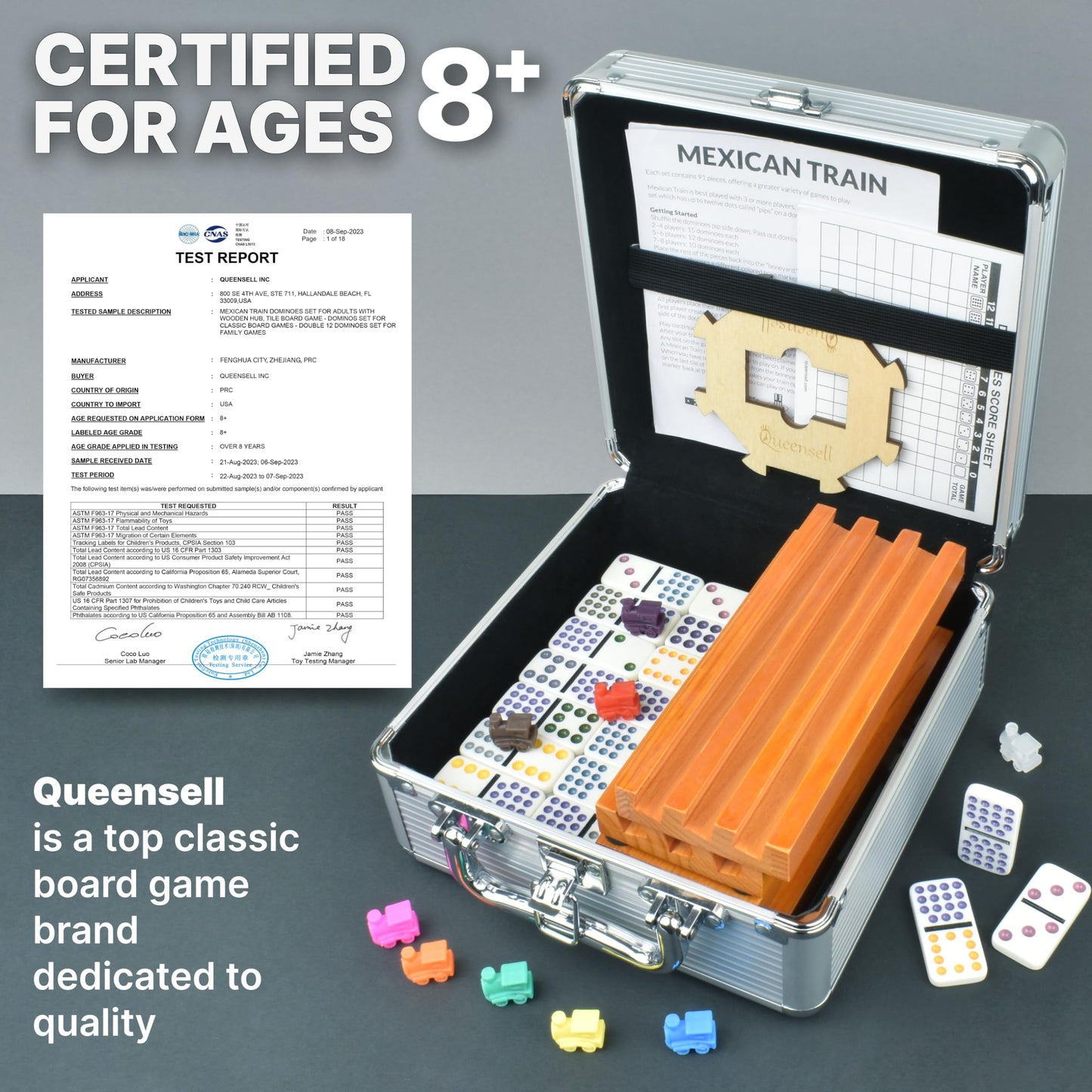 Queensell Double 15 Mexican Train Dominoes Set with 8 Wooden Holders - Aluminum Hub & Tiles, Perfect for Family Game Night